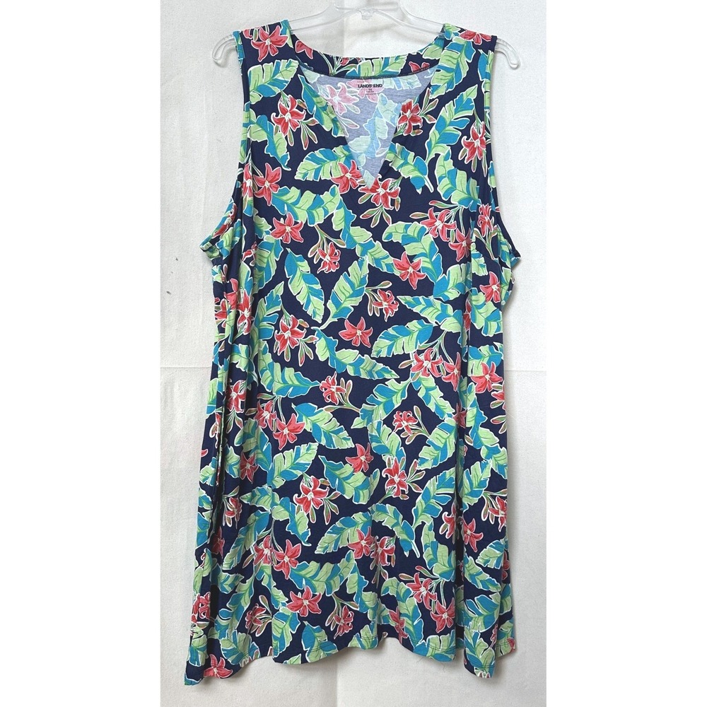 Lands End Cruise Beachy Resort Tropical Floral Cotton Sleeveless Tunic Dress 3X